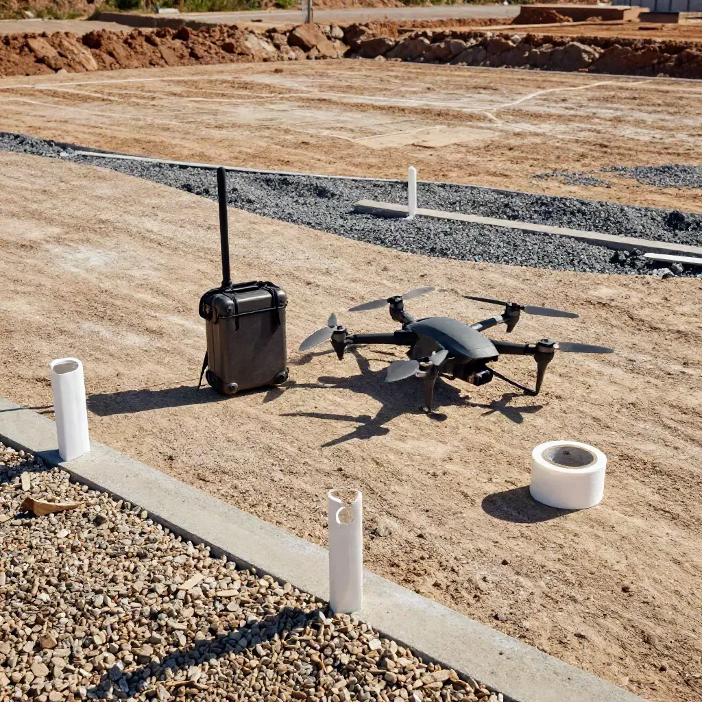 Graded survey site with stakes, RTK case, and folded drone on gravel in warm sun.