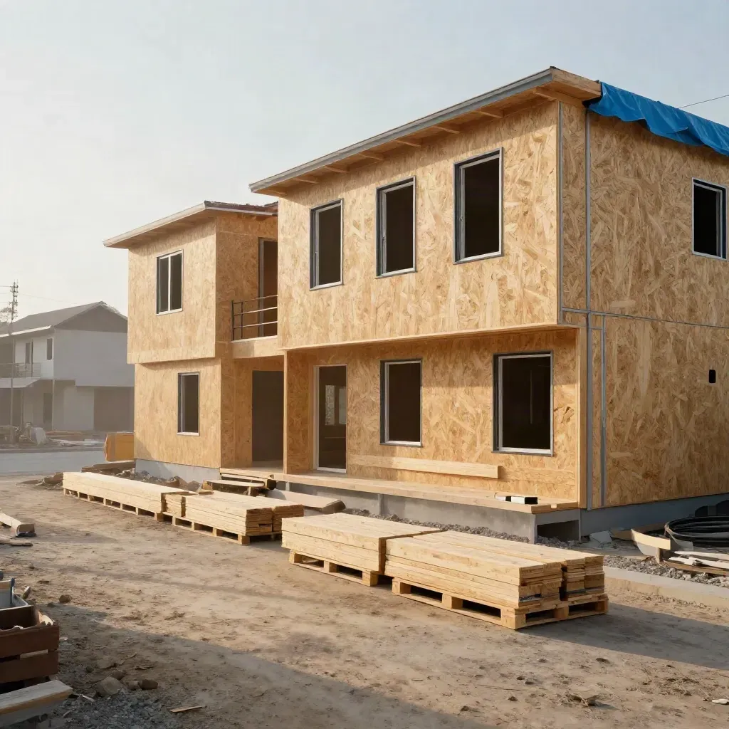 Framed townhouse under construction with siding bundles, windows, and wrapped pallets