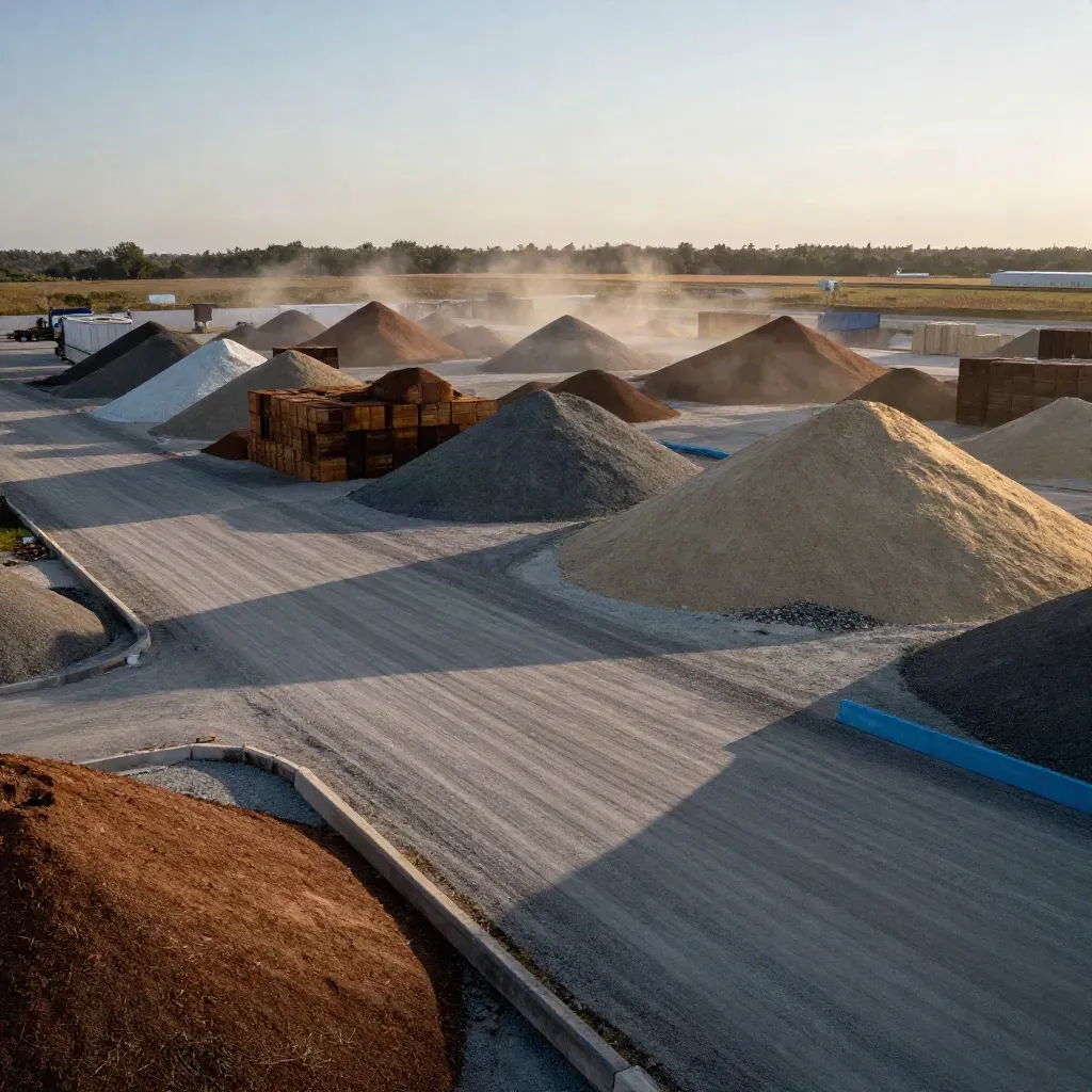 Elevated gravel yard with sorted aggregate piles, long truck lanes and a blue accent barrier.