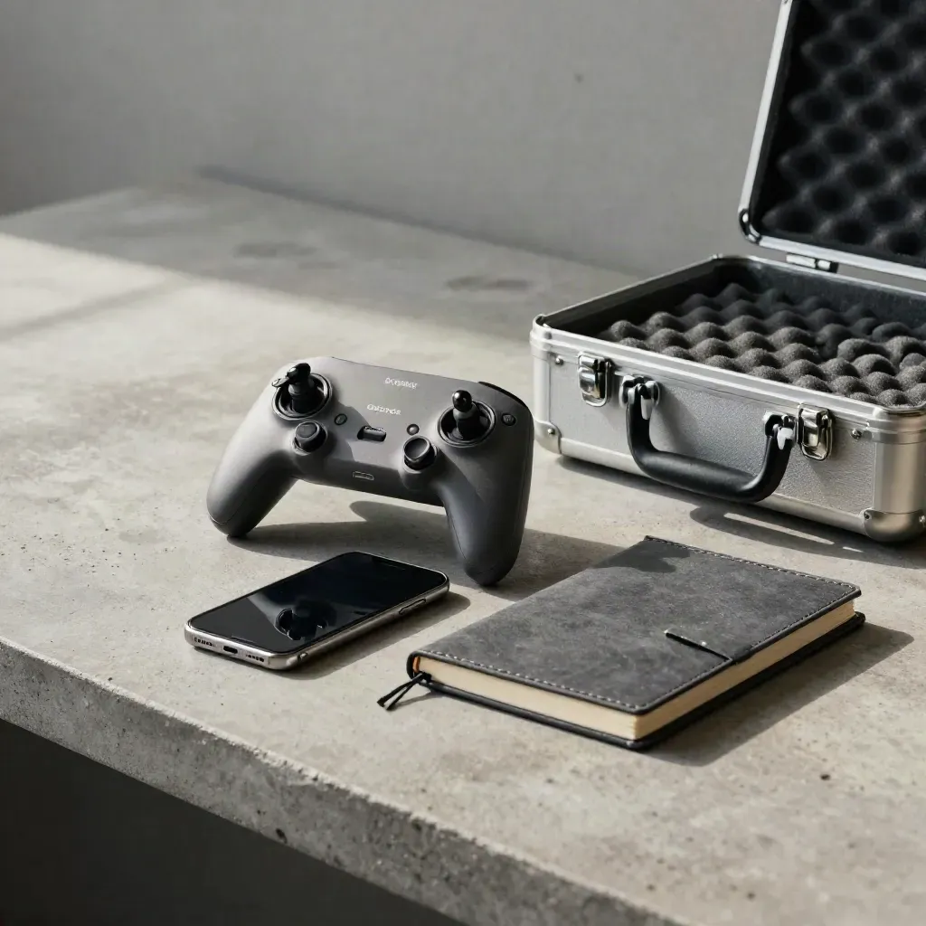 Drone controller, phone, notebook, and flight case on a concrete desk