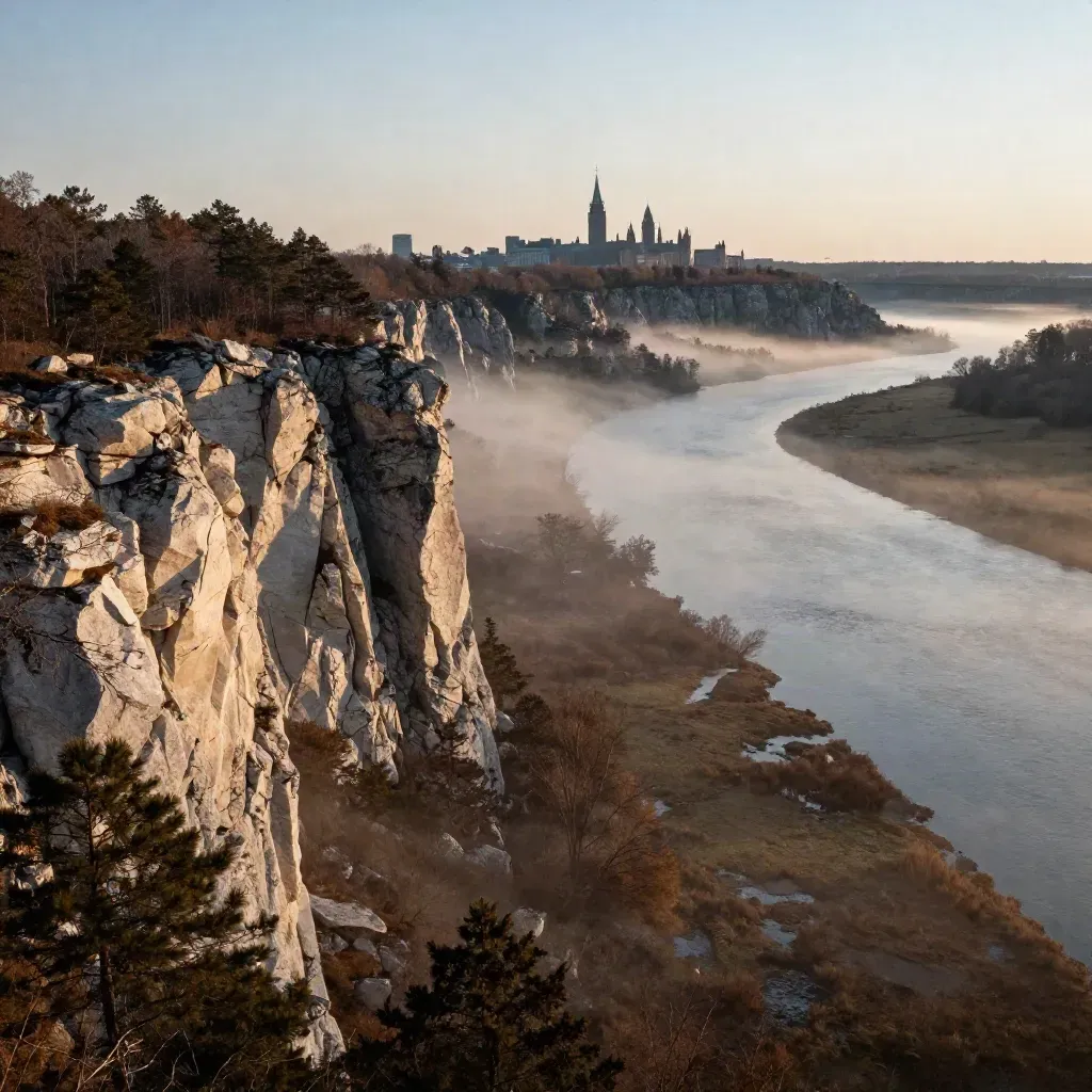 Ottawa Valley river basin at golden hour with limestone escarpment and distant Parliament silhouette.