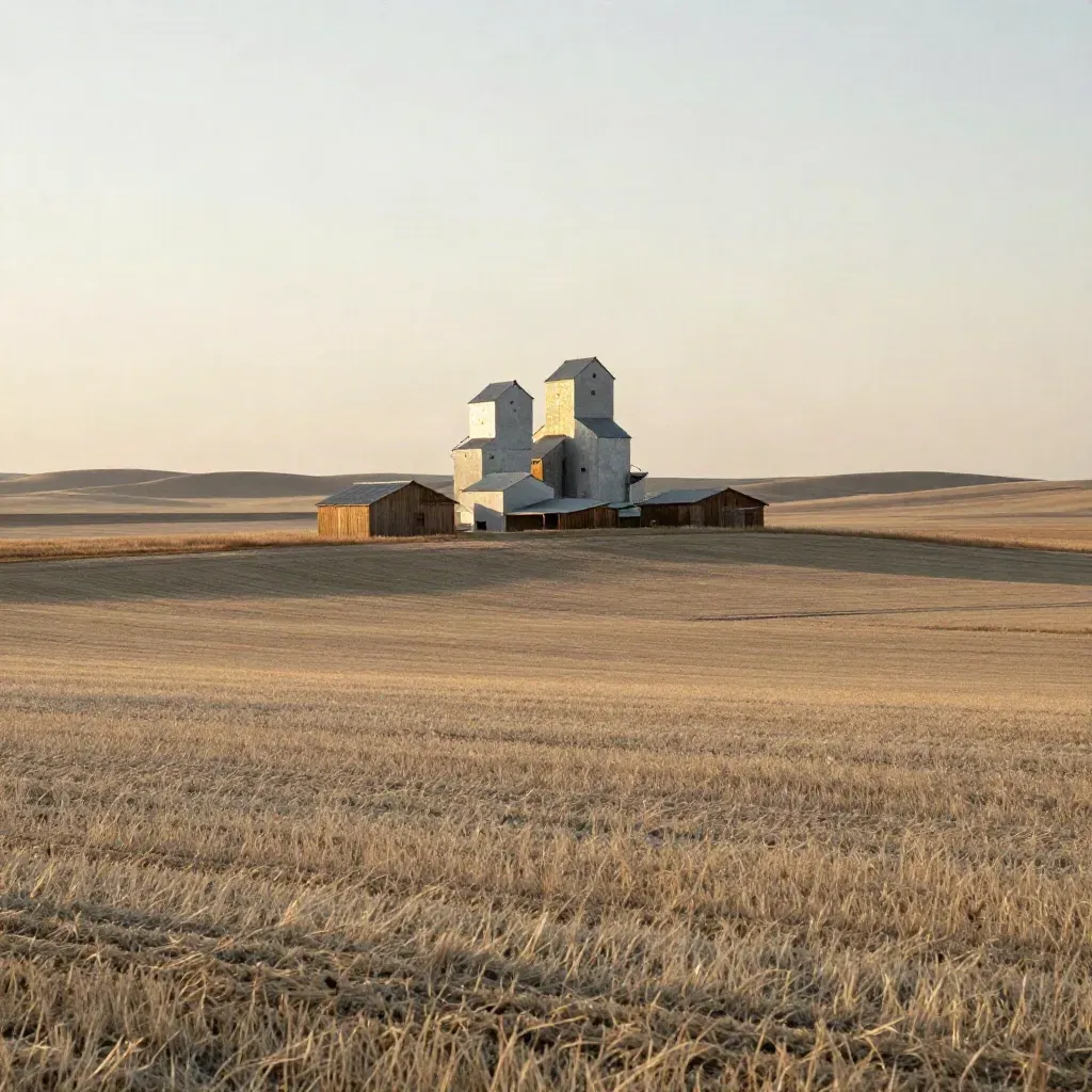 Golden-hour Alberta South prairie with grain elevators, open fields and a hazy vast sky.