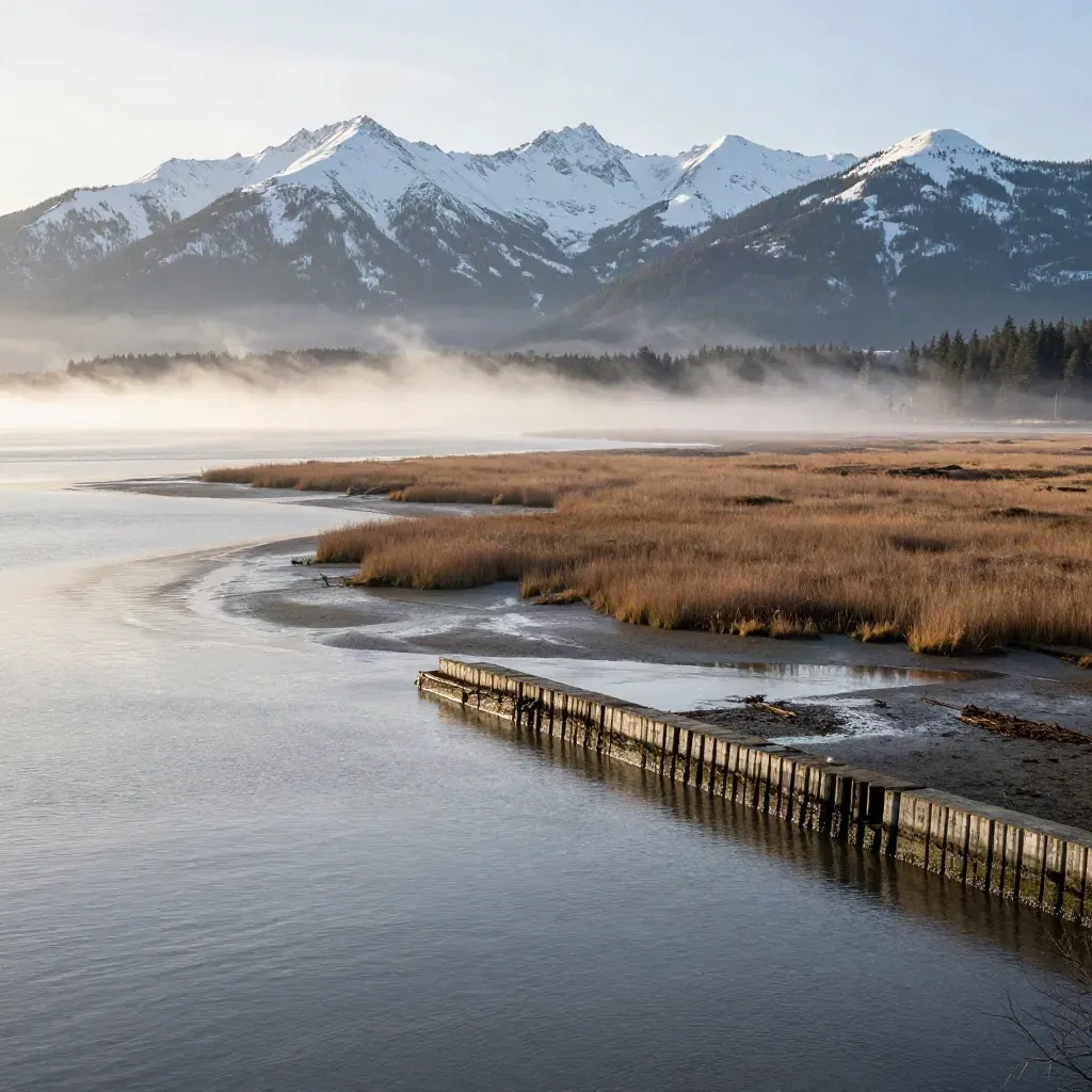 Fog over Fraser delta with marshes, tidal water, and snow-capped mountains.